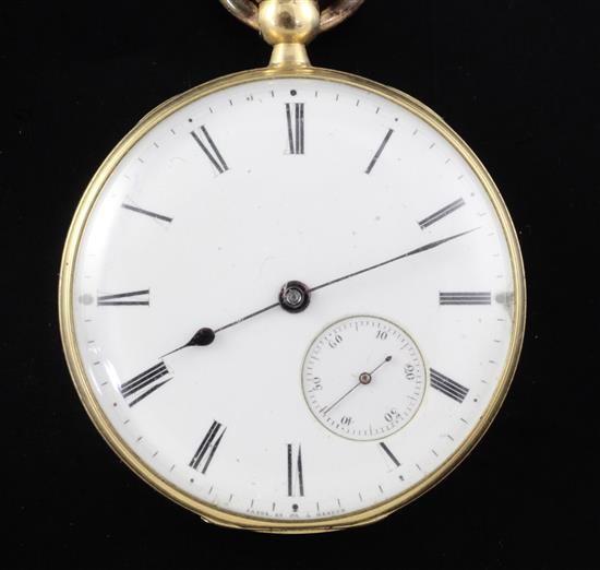 A late 19th century engine turned gold open face cylinder pocket watch by Patek et Cie,